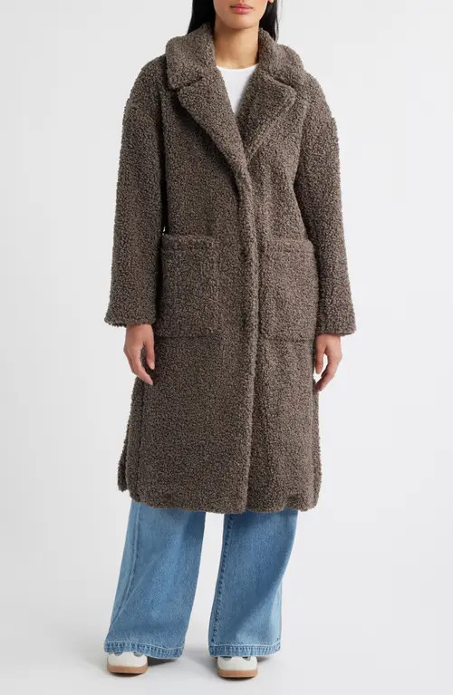 bcbg Notch Collar Faux Shearling Long Coat in Grey at Nordstrom, Size Large | Nordstrom