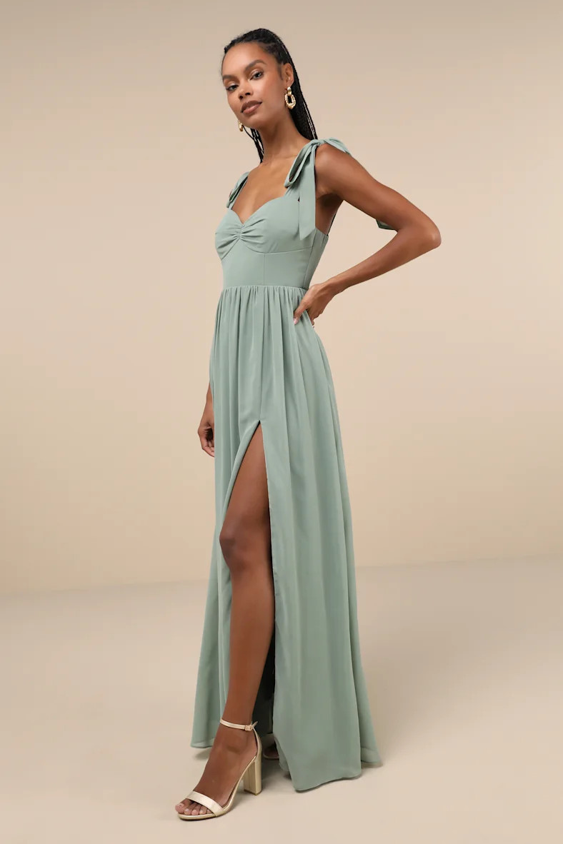 Radiant Charisma Sage Brush Chiffon Ruched Tie-Strap Maxi Dress | Lulus