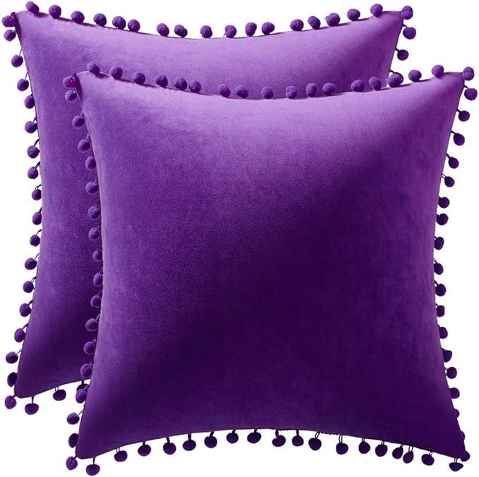 DEZENE 24x24 Throw Pillow Cases Purple: 2 Pack Cozy Soft Pom-poms Velvet Square Decorative Pillow... | Amazon (US)