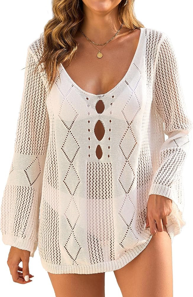 Womens Summer Crochet Swimsuit Coverup Sexy Crew Neck Long Sleeve Mesh Knit Bikini Cover Ups Beac... | Amazon (US)