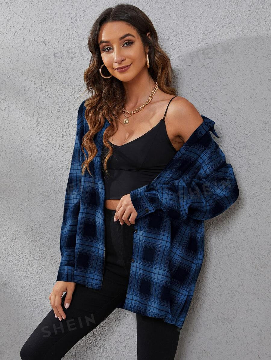 SHEIN LUNE Plaid Print Drop Shoulder Shirt | SHEIN