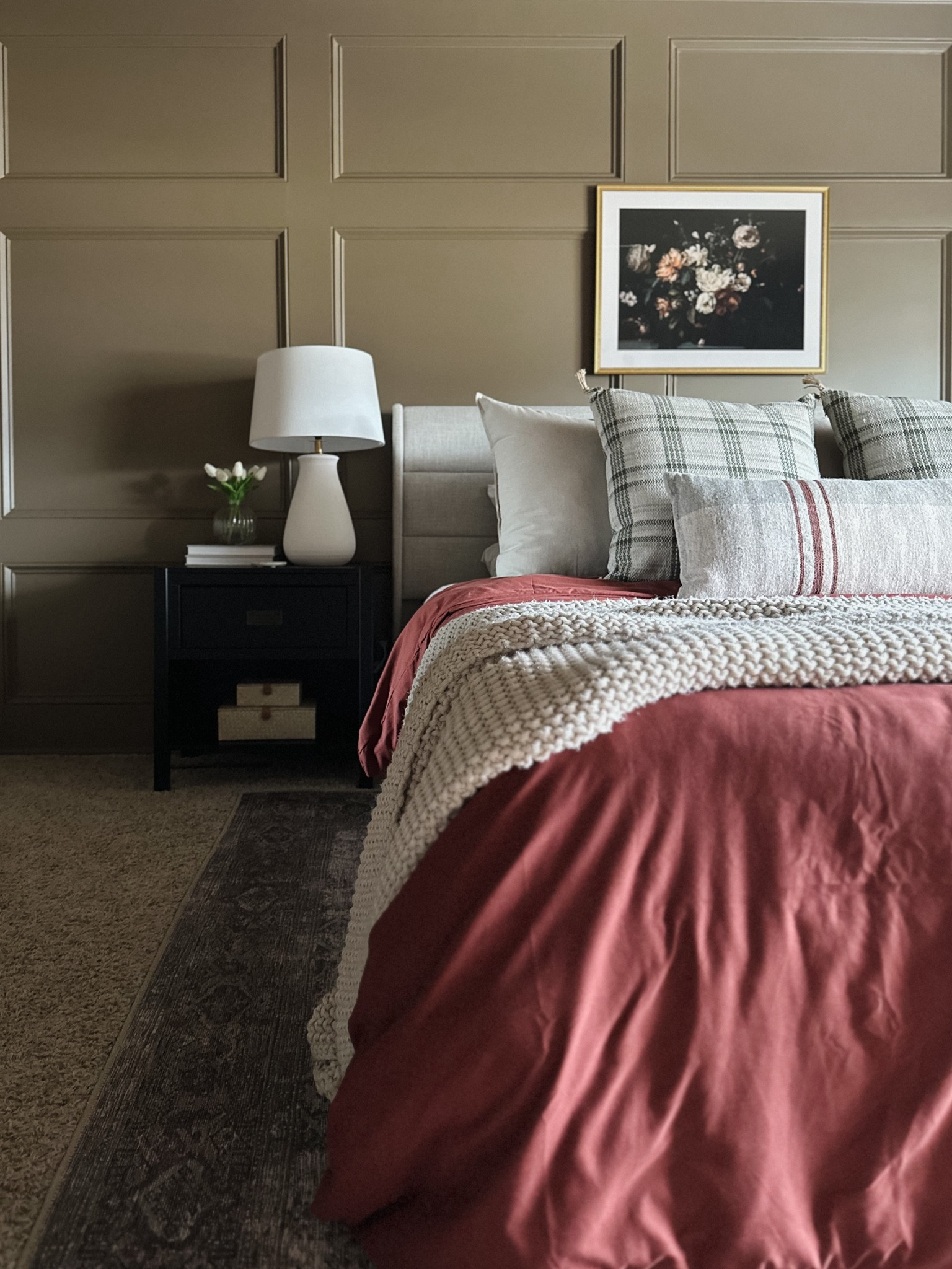 Bedroom renovation reveal!! 

Burgundy duvet, brown bedroom, amber Lewis x Loloi rug in moss/salmon, casaluna throw, throw pillows, plaid pillow, white ceramic lamp, black nightstand, coffee table books, McGee & co glass lamp, faux tulips, layered bedding, rattan decor boxes, home decor, brass picture frame, wall moulding 

#LTKhome #LTKstyletip #LTKSeasonal