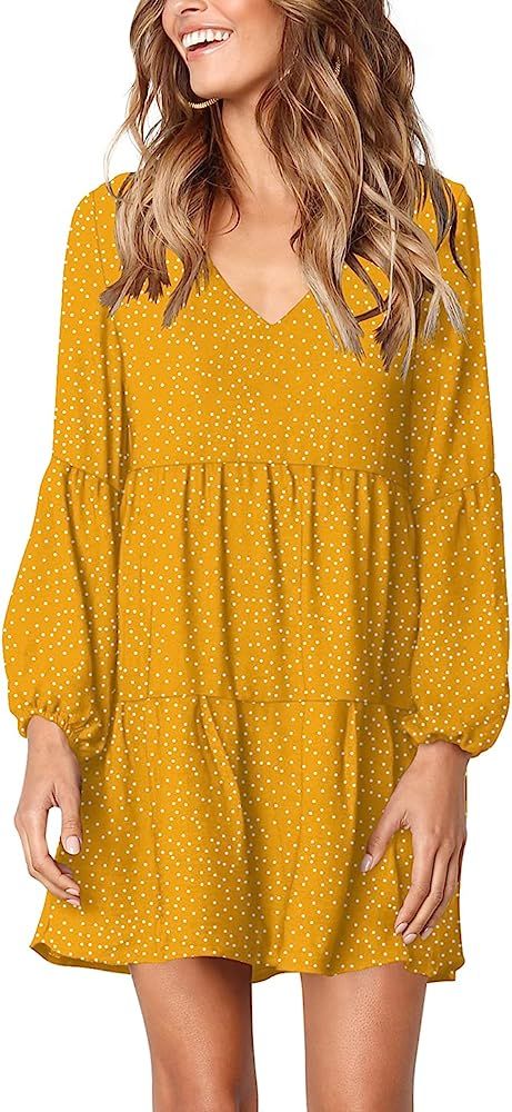 Amoretu Women's Deep V Neck Loose Shift Mini Tunic Dress Long Sleeve Dot Yellow S at Amazon Women... | Amazon (US)