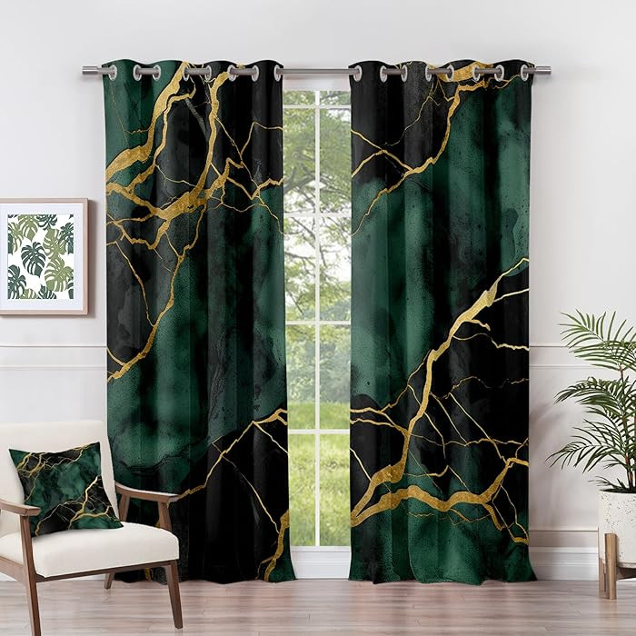Marble Curtains 63 Inch Length - Emerald Green Gold Black Abstract Modern Patterned Blackout Curt... | Amazon (US)