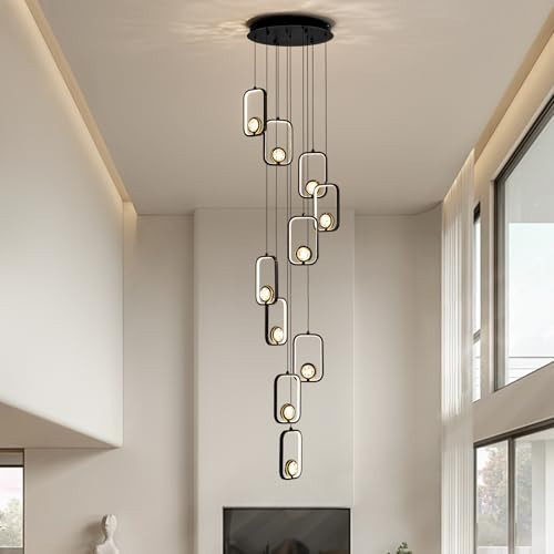 MOOONICHE 10-Light Modern LED Crystal Chandelier 10 Lights Black High Ceiling Chandelier for Staircase Large Adjustable Length Light Fixture for Foyer, Entryway, Living Room | Amazon (US)