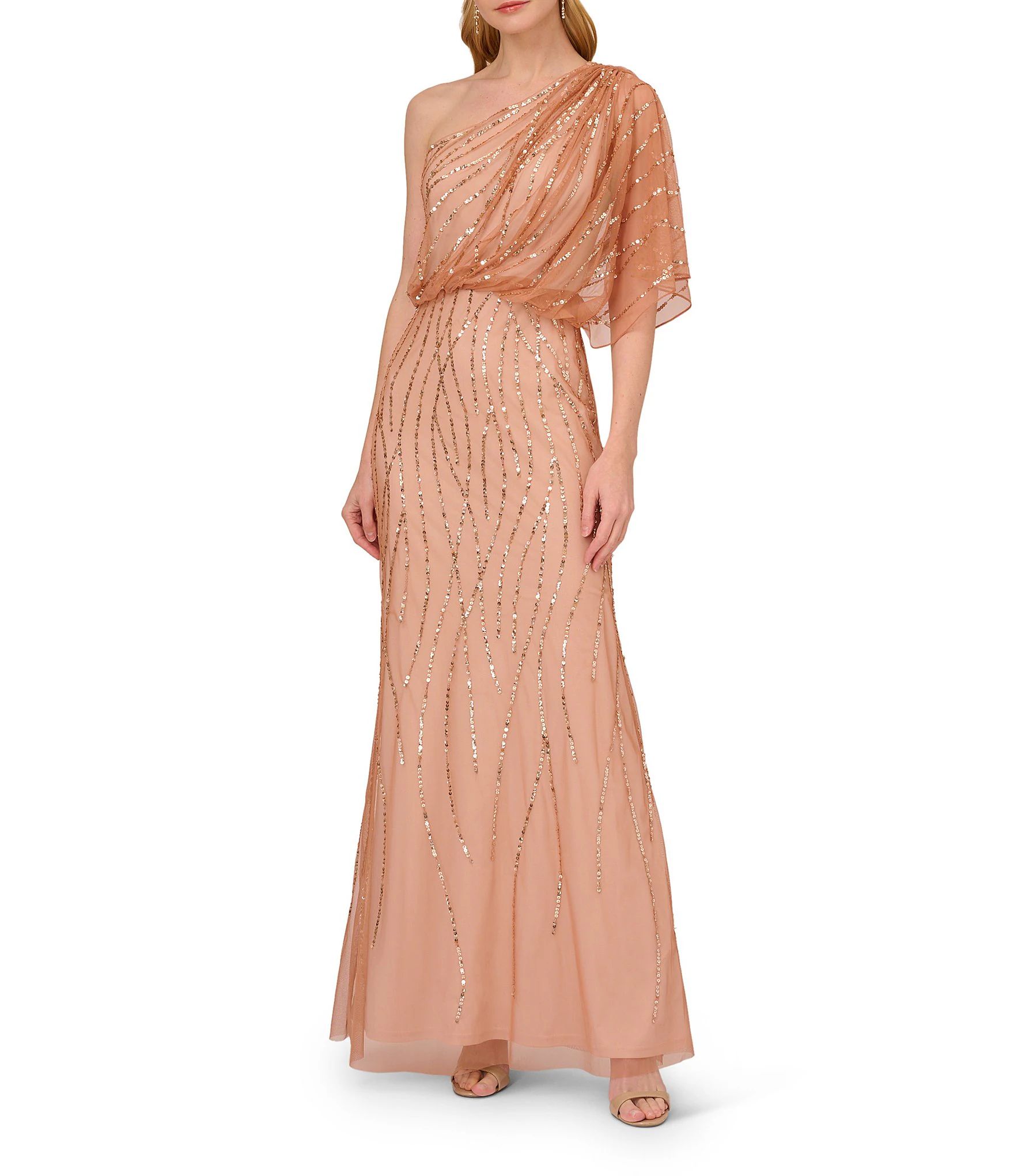 Sequin One Shoulder Illusion Sleeve Gown | Dillard's