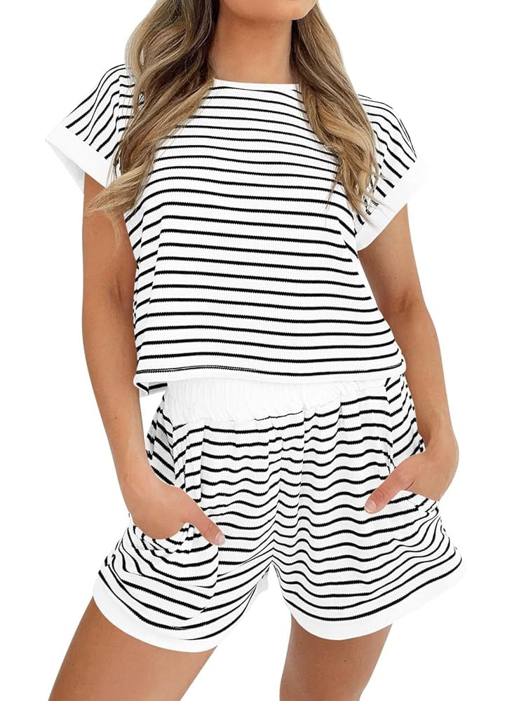 Tankaneo Womens Summer 2 Piece Sets Striped Short Sleeve T Shirts and Shorts Loungewear Matching ... | Amazon (US)