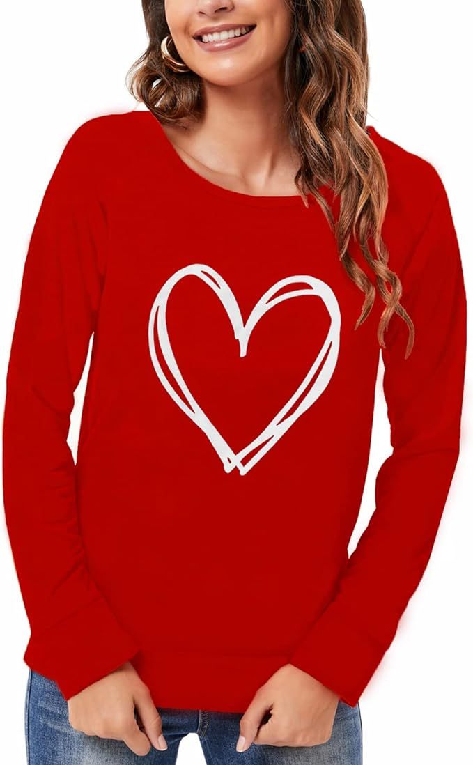 DDSOL Women Valentines Day Shirts Round Neck Long Sleeve Casual Heart T Shirt Hugs and Kisses Rai... | Amazon (US)