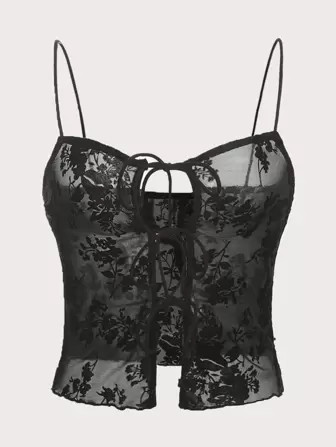 SHEIN ICON Floral Print Knot Front Mesh Cami Top | SHEIN