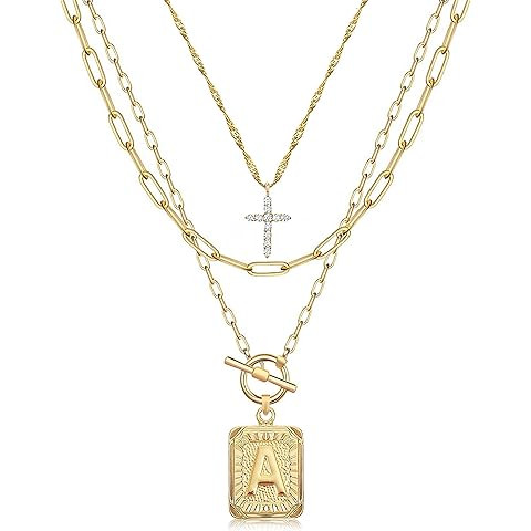 MJartoria Layered Initial Necklaces for Women Trendy, 14K Gold Plated Brass Simple Star Choker Sq... | Amazon (US)