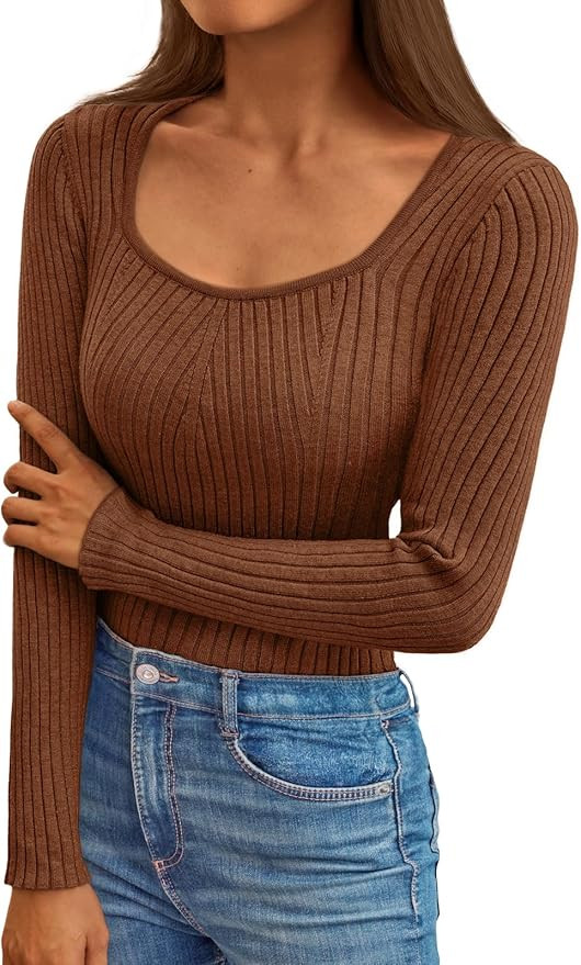 LILLUSORY Womens Sweaters Long Sleeve Square Neck Ribbed Knit Tops Slim fit Fall Clothes Fashion ... | Amazon (US)