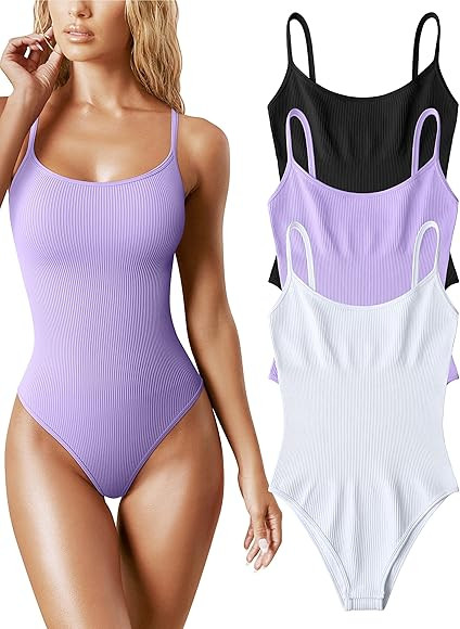 OQQ Women's 3 Piece Bodysuits Sexy Ribbed Sleeveless Adjustable Spaghetti Strip Tops Shapewear Bo... | Amazon (US)
