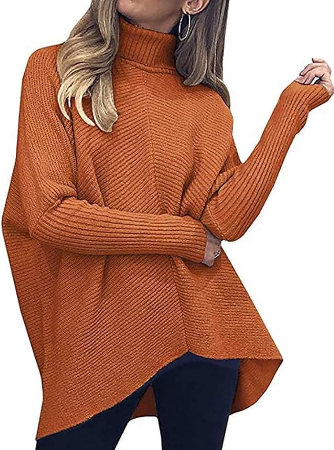 Poetsky Womens Long Sleeve Turtleneck Sweaters Oversized Knit Loose Asymmetrical Hem Pullover Tun... | Amazon (US)