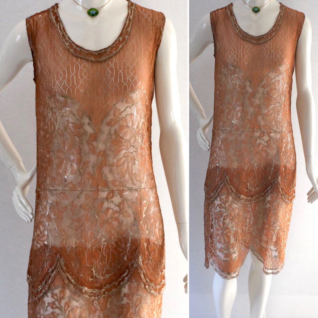Original 1920s 20s Gold Lamé and Rust Lace Flapper Over Dress. Antique. Excellent Condition. - E... | Etsy (US)