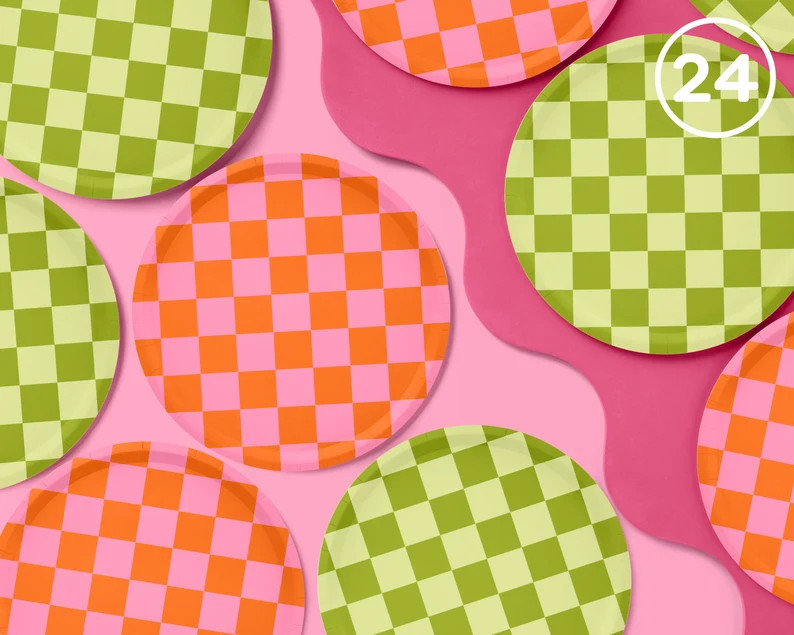 xo, Fetti 24 Pink + Green Checkered Paper Plates - 9" | Bachelorette Fiesta Decorations, Birthday... | Etsy (US)