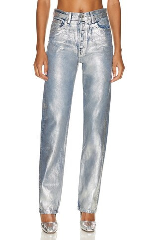 EB Denim High Rise Straight Jeans in Foil - Metallic Silver. Size 23 (also in 25, 30). | FWRD 