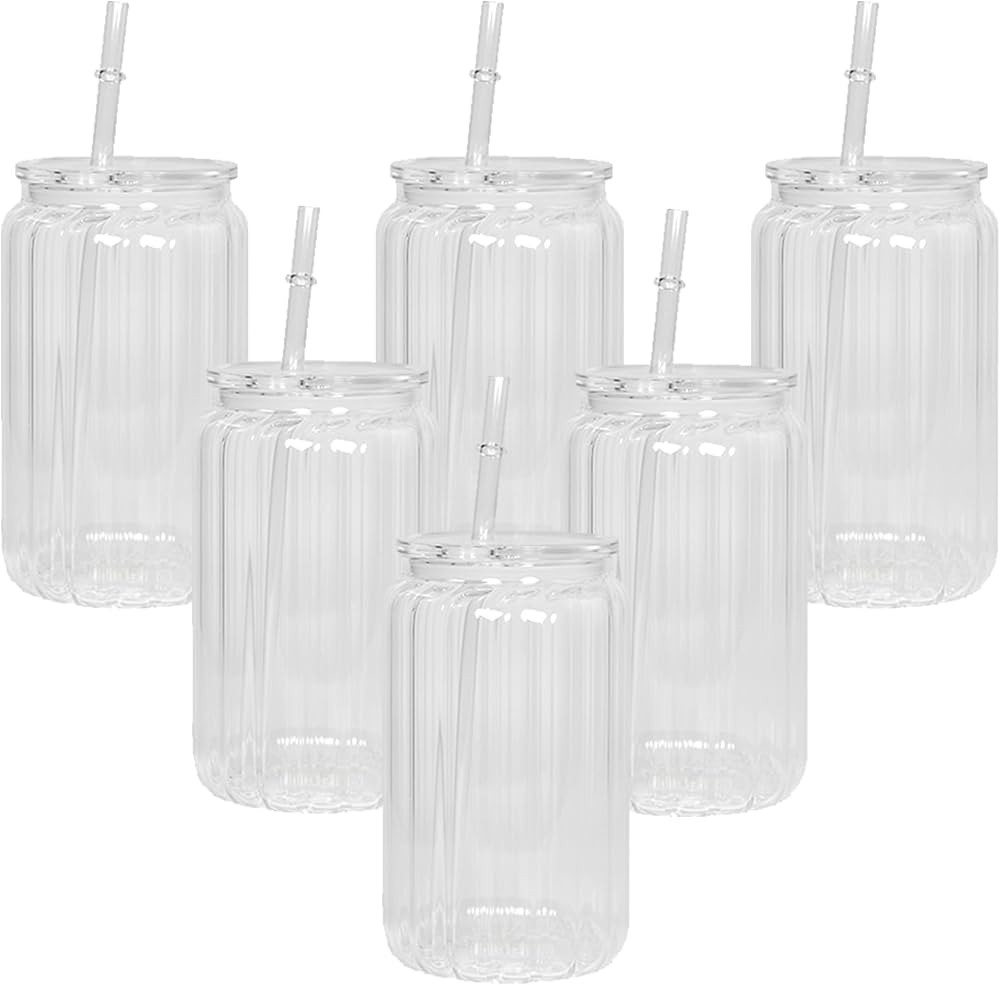 AGH 6 Pack 16oz Sublimation Glass Cups Blanks with Lids and Straws, Clear Glass Cans Vertical Str... | Amazon (US)