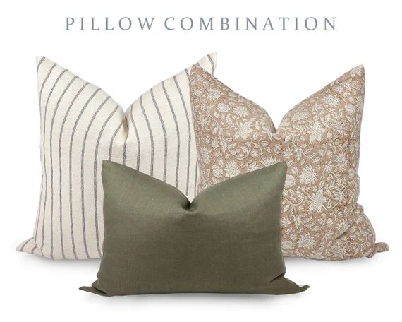 PILLOW COMBO | Warm Neutrals, Black Stripe Pillow, Rust Floral Pillow, Green Pillow, Pillow Combi... | Etsy (US)