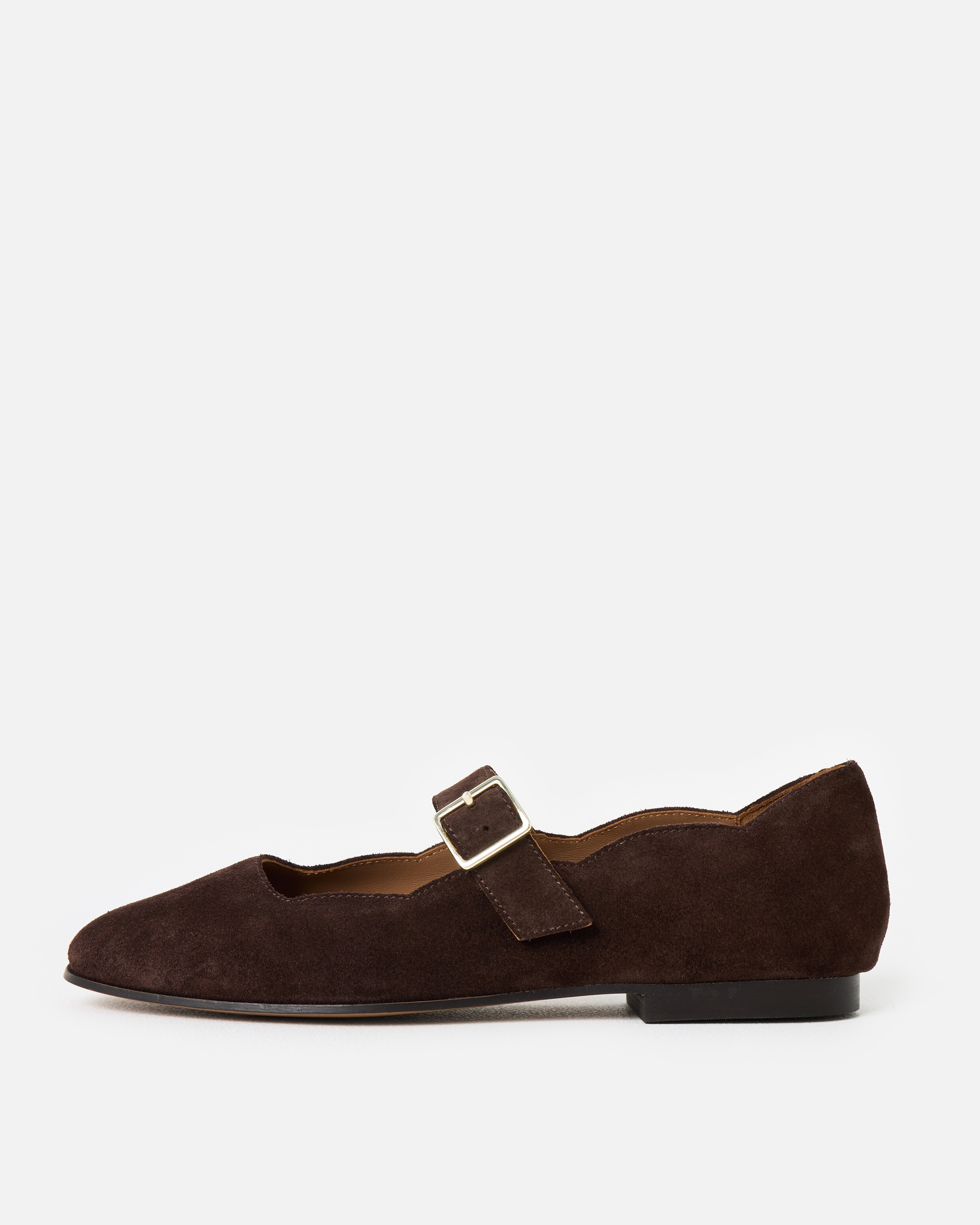 Chocolate Brown Suede Scalloped Mary Janes, size 4 | Oliver Bonas (Global)