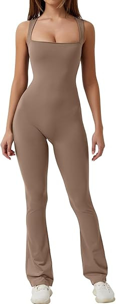 QINSEN Flare Jumpsuits for Women Strappy Square Neck Bodycon Full Length Long Pants Casual Playsu... | Amazon (US)