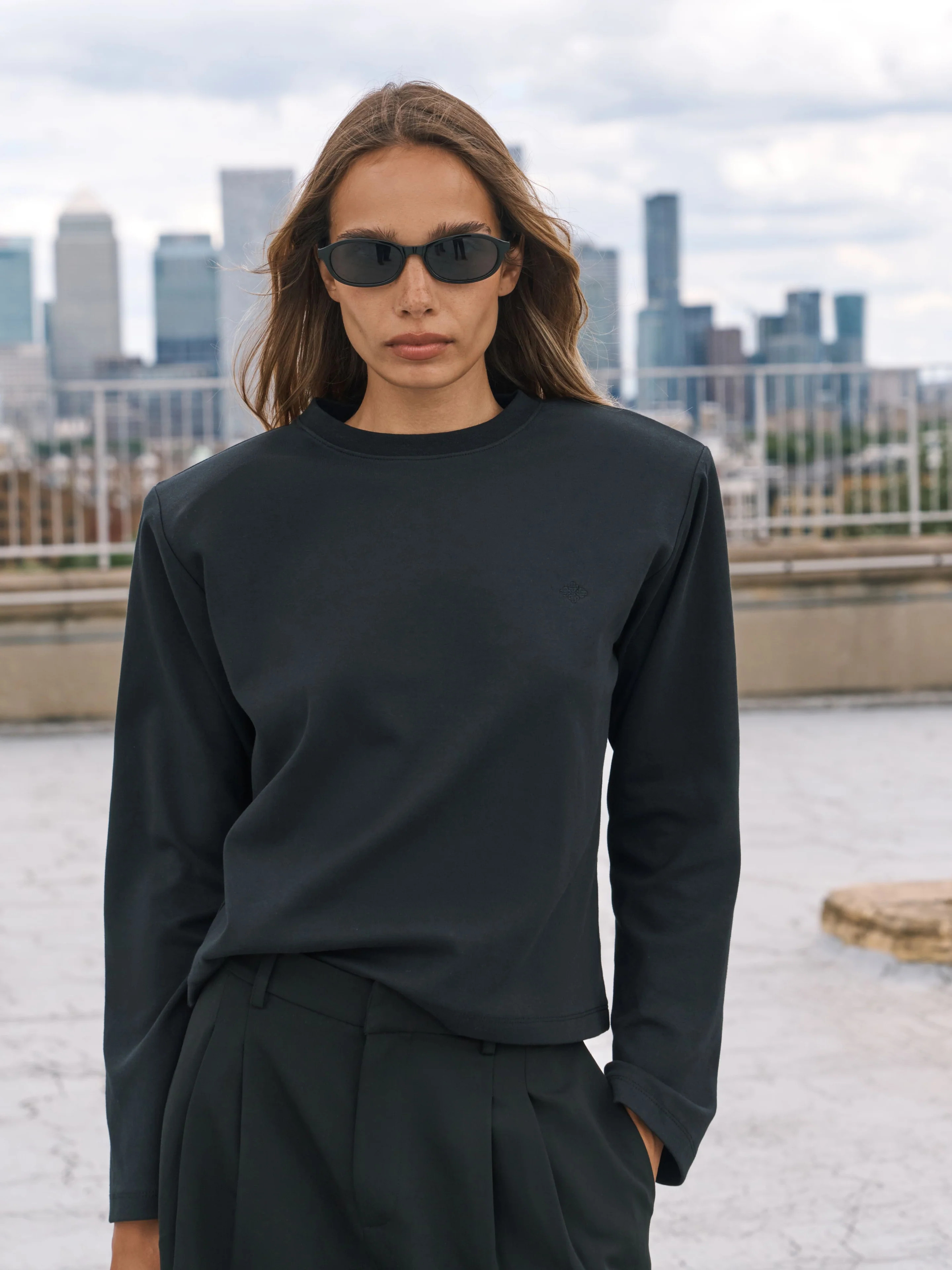 SHOULDER PAD LONG SLEEVE T-SHIRT - BLACK | The Couture Club