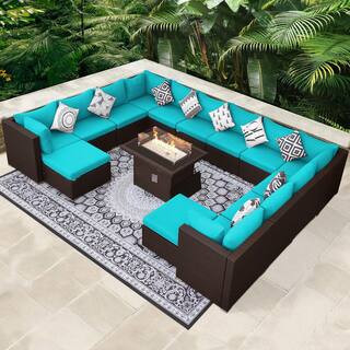 15-Piece Wicker Outdoor Sectional Patio Furniture Conversation Set with 60,000 BTU Fire Pit Table, Teal Cushions | The Home Depot
