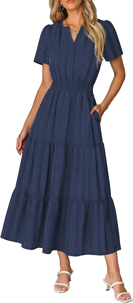 RUMIA Dresses for Women Summer Midi Maxi Short Sleeve Vacation Dress Navy Dress Midi Navy Outfit | Amazon (US)