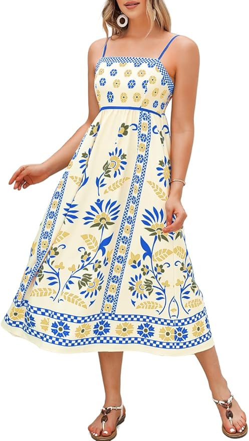 Boho Midi Dresses for Women, A-Line Floral Sundress, Empire-Waist Spaghetti-Straps Flowy Long Dre... | Amazon (US)