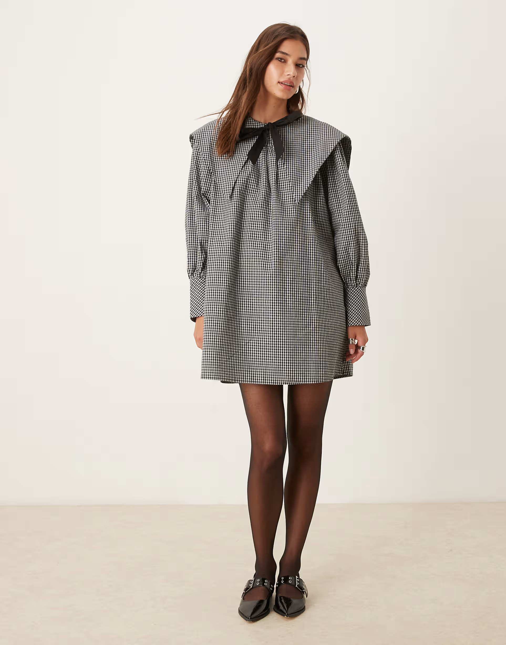 Glamorous smock mini dress with dramatic collar and tie in black white check | ASOS (Global)