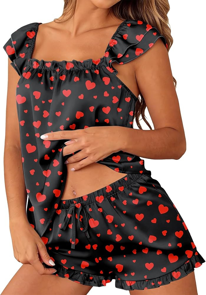 Satin Pajama Set for Women 2 Piece Silk Pjs Ruffle Sleeve Top and Shorts Cute Bridal Sleepwear Se... | Amazon (US)