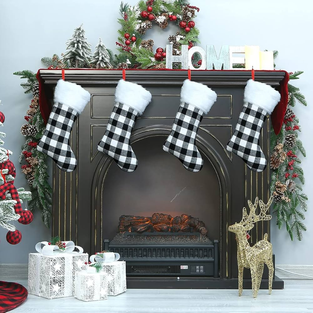 Sattiyrch Buffalo Plaid Christmas Stockings 18”,4 Pack White and Black Check Stockings with Fau... | Amazon (US)