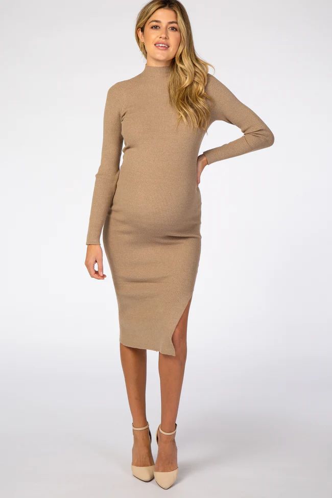 Taupe Ribbed Fitted Mock Neck Long Sleeve Maternity Midi Dress | PinkBlush Maternity