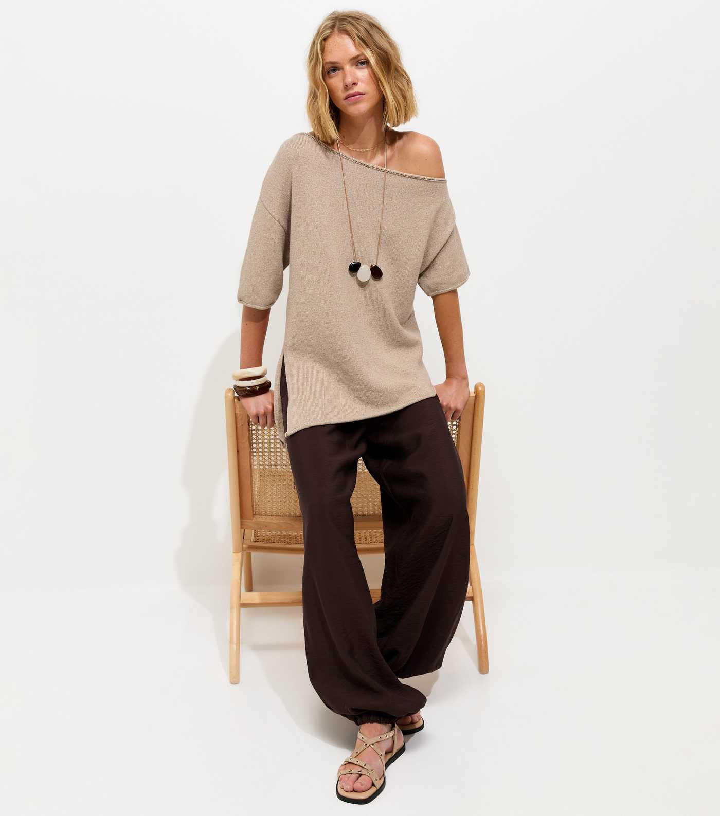 Oatmeal Asymmetric Relaxed Slub T-Shirt | New Look | New Look (UK)