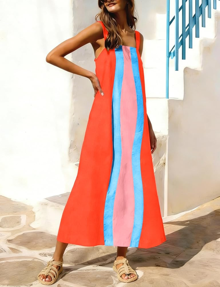 Ailoqing 2026 Women Boho Floral Dress Summer Casual Color Block Maxi Beach Vacation Overall Dress... | Amazon (US)