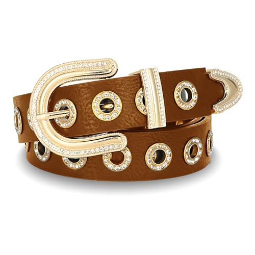 RMMVJJ Women Brown Studded Belt Y2K BB Rhinestone Belt Cowgirl Western Belt Leather Golf Belt for Jeans Pants Dress Belt, Brown M | Amazon (US)