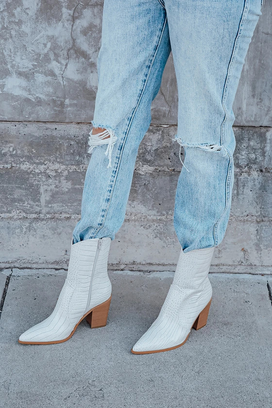 Eleora Bone Crocodile-Embossed Mid-Calf High Heel Boots | Lulus (US)