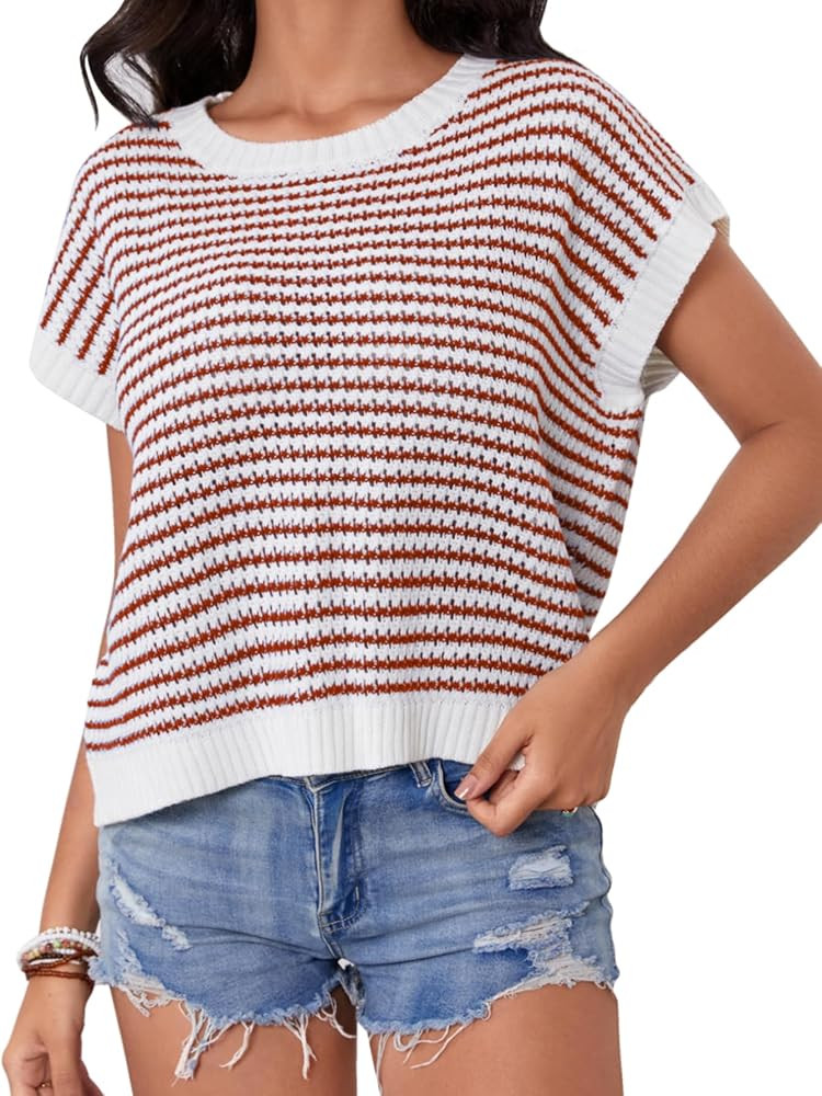 Milumia Women's Striped Short Sleeve Sweater Vest 2025 Summer Cap Sleeve Pullover Tank Top | Amazon (US)