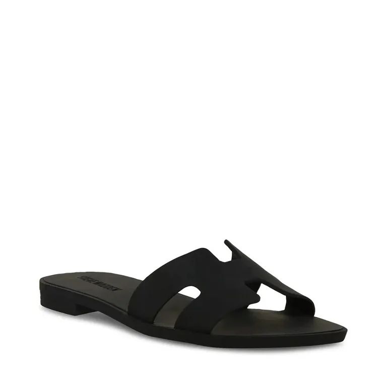 Steve Madden Hadyn-J Black Leather Slip On Open Rounded Toe Fashion Flat Sandals (Black Leather, ... | Walmart (US)