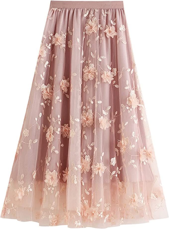 Qoinied Women's Midi Tulle Skirt Elastic High Waist Skirt Floral Embroidery Layered Print Mesh Mi... | Amazon (US)