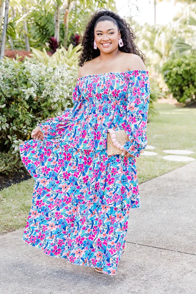 Porch Swing Kisses Blue Smocked Bust Floral Maxi Dress | Pink Lily