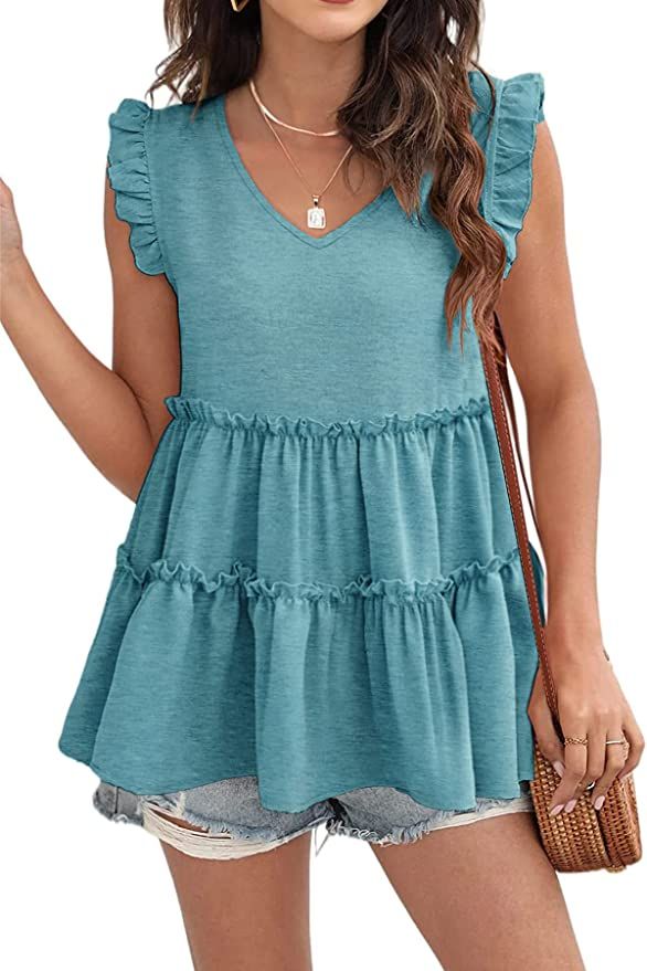 AGSEEM Womens Babydoll Tank Tops V Neck Ruffle Sleeve Pleated Peplum Shirts Summer | Amazon (US)
