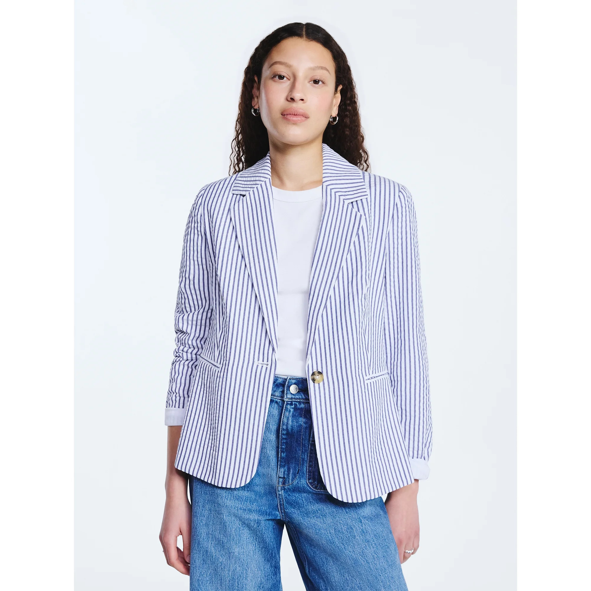 Free Assembly Women's Single Breasted Seersucker Blazer, Sizes XS-XXL | Walmart (US)