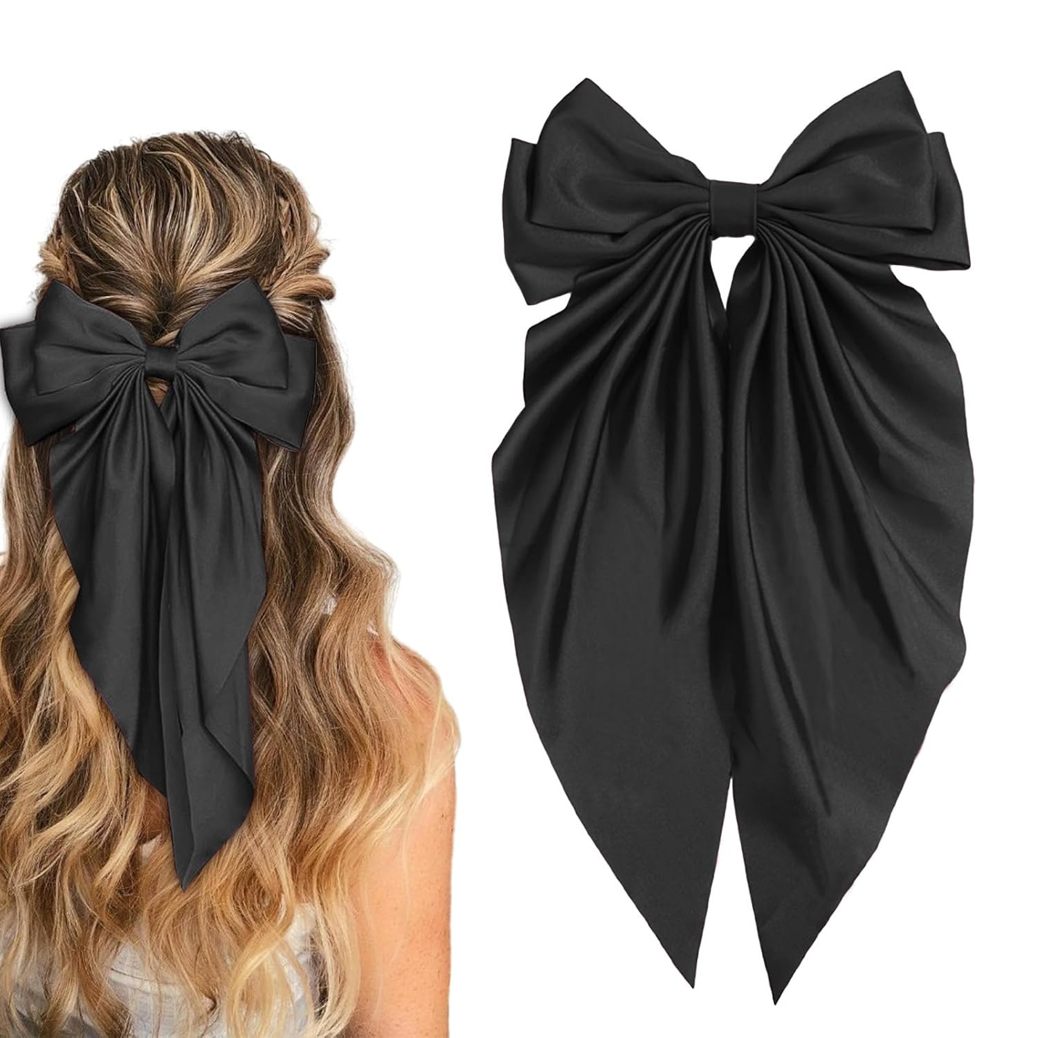 Silky Satin Women's Hair Bows with Long Tail Bowknot for Hair Clips, Accessories and Gifts (Black) | Amazon (US)