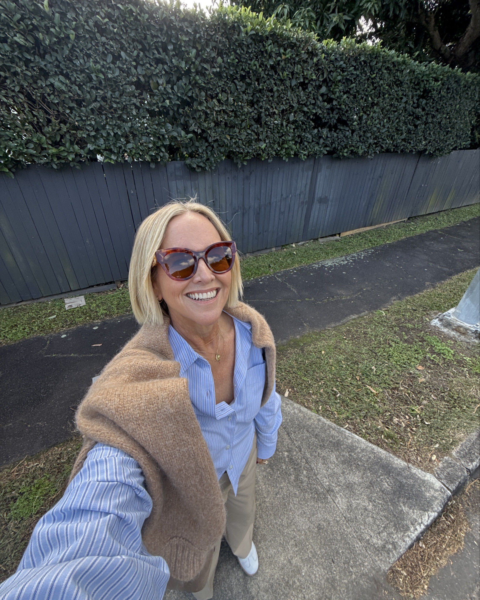 Don’t sleep on these Uniqlo shirts! Such great quality but for a crazy good price. I’m in XL but could have easily gone for L.

Sunnies I bought on sale but they’re no longer on sale. Pants are old C&M but I’ve linked similar. 

Knit is old Scanlan Theodore.

Sneakers are FRANKIE4 Levi - white/leopardd