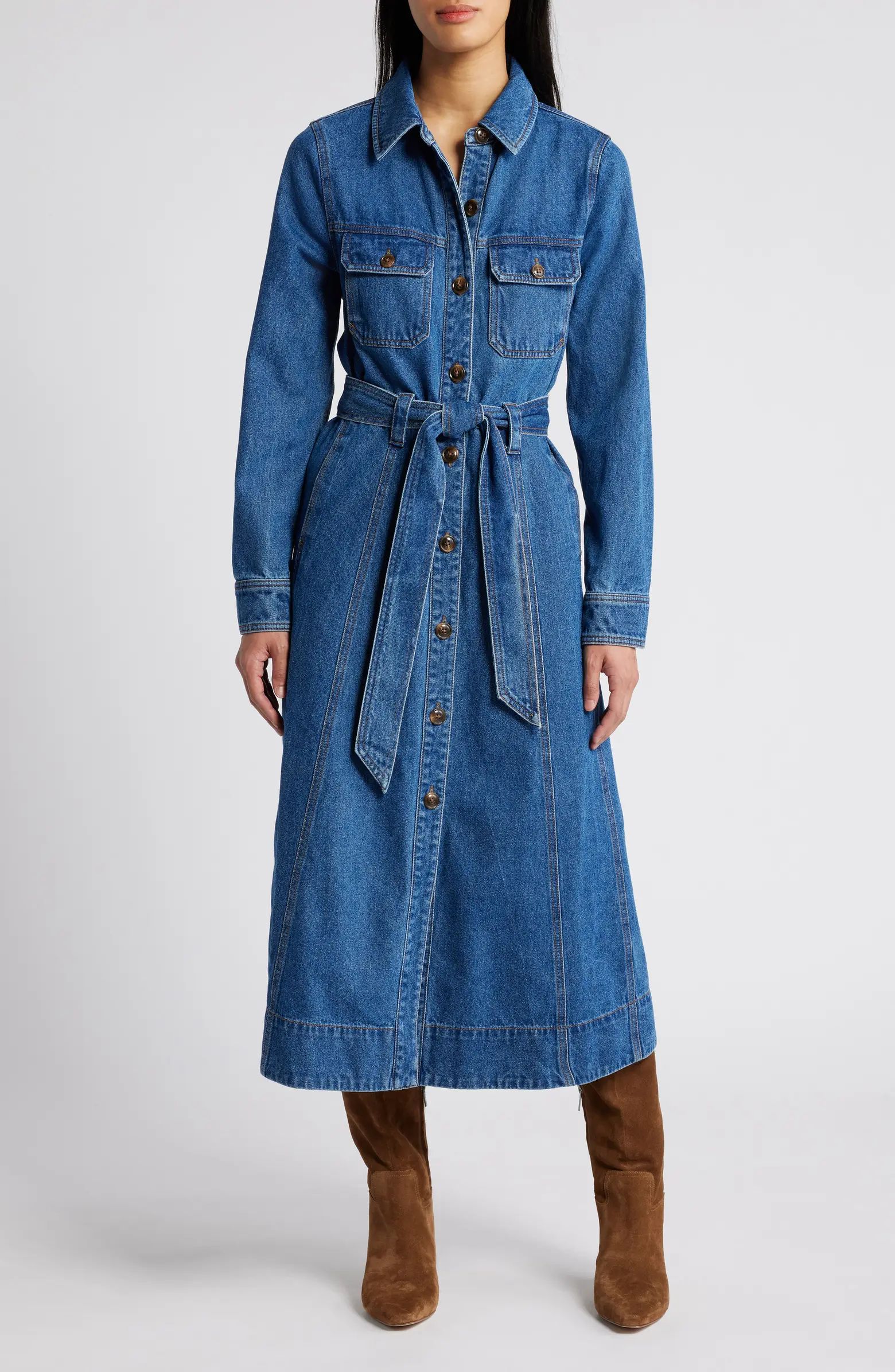 Tie Waist Long Sleeve Denim Maxi Dress | Nordstrom