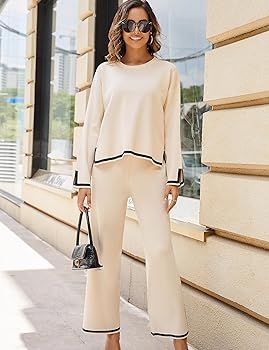 Tanming Women's 2 Piece Outfits Long Sleeve Knit Sweater Top Wide Leg Pants Lounge Sets Tracksuit... | Amazon (US)