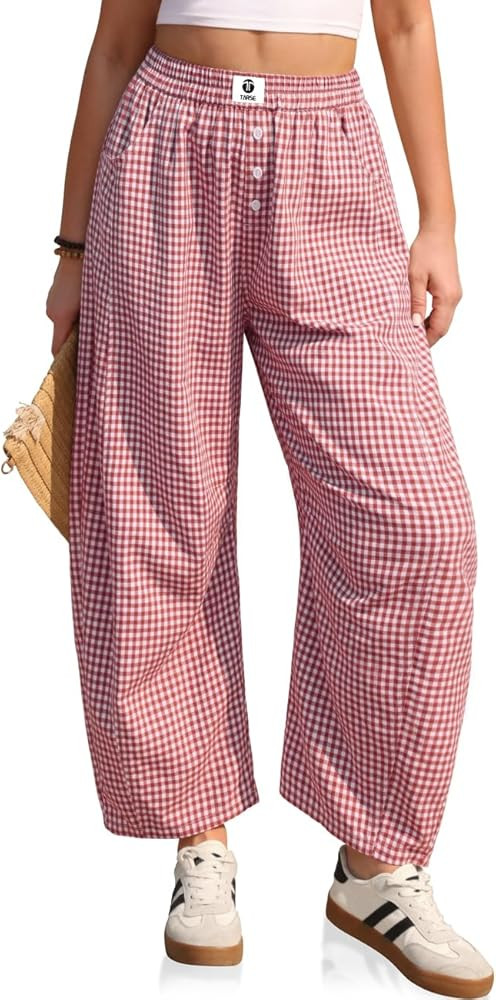 TARSE Gingham Pants Women Barrel Loose Wide Leg Checkered Casual Linen Plaid Trousers with Pocket... | Amazon (US)