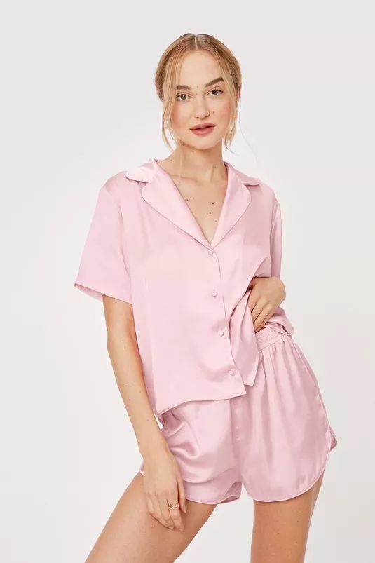 Satin Pajama Shirt Short Scrunchie 3 Pc Pajama Set | Nasty Gal (US)