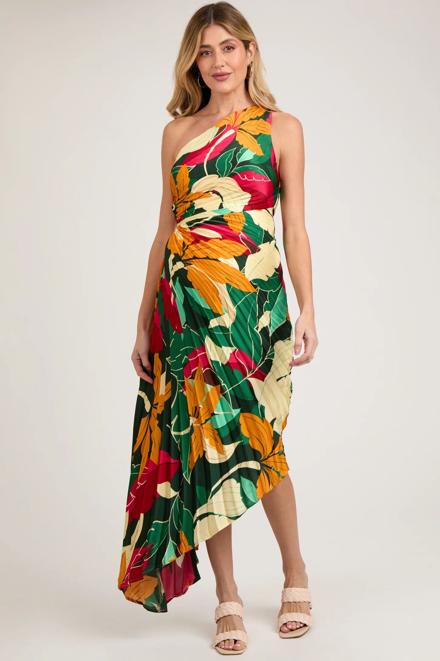 Multi-Color Floral Pleated Satin One Shoulder Asymmetrical Maternity Midi Dress | PinkBlush Maternity