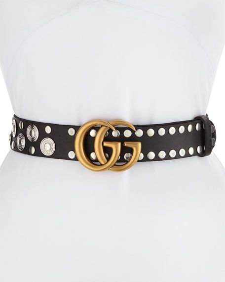 Studded Leather Belt with GG Buckle | Neiman Marcus
